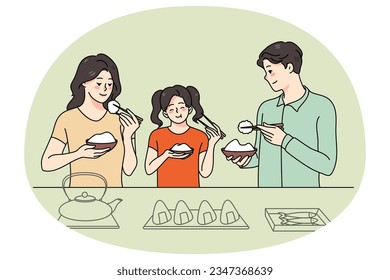 Asian family with child at table eating traditional dish together. Smiling parents and kid enjoy tasty asia food. Vector illustration.