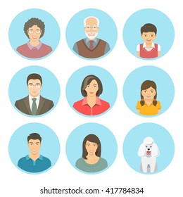 Asian family faces flat vector avatars set. Icons of three generations, mother and father, sons and daughters, grandmother, grandfather and a dog. 
Korean portraits infographic elements