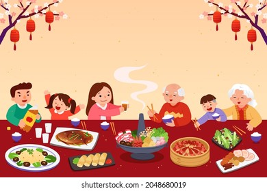 Asian Family Group Having Reunion Dinner On A Long Table On Yellow Background