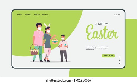asian family holding baskets with eggs celebrating happy easter holiday wearing mask to prevent coronavirus horizontal full length copy space vector illustration