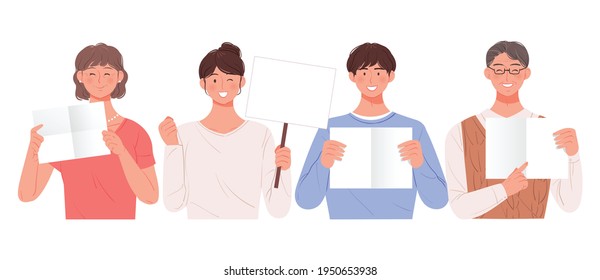 Asian family holding blank pickets and blank paper. People encouraging campaigns. vector Illustration isolated on white background