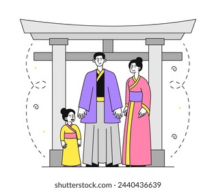 Asian family linear. Man and woman with kid in traditional indian and chinese clothes. Oriental ethnicity and culture. Happy family. Doodle flat vector illustration isolated on white background