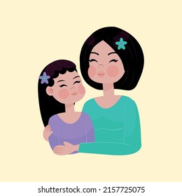 Asian family. Mom and daughter happily hug and smile. Illustration in a flat style. Happy Children's Day. Happy Mother's Day. Greeting card