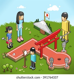 Asian family playing japanese-style outdoor miniature golf decorated with gate, lanterns and fuji mock-up