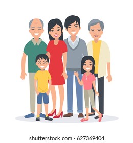 Asian family portrait with children, parents, grandparents. Flat style vector illustration isolated on white background.