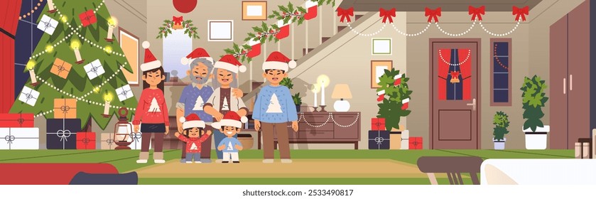 Asian family in Santa hats celebrates Christmas together. Holiday room banner with people