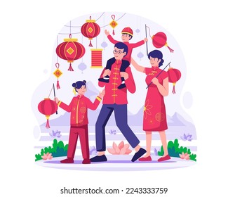 The Asian Family in traditional dress celebrates the Chinese new year. The parent and his children taking a walk. Dad holds the son on his shoulders. Vector illustration