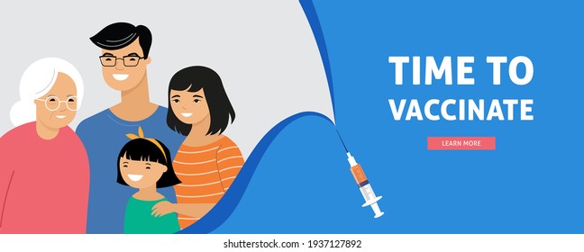 Asian Family Vaccination concept design. Time to vaccinate banner - syringe with vaccine for COVID-19, flu or influenza and a family