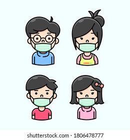 AN ASIAN FAMILY WEARING GREEN MASKS, NEW NORMAL CHARACTER ILLUSTRATIONS