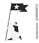 Asian fan boy holding flag with star flat line black white vector character. Editable outline full body person. Korean fanboy cheering simple cartoon isolated spot illustration for web graphic design