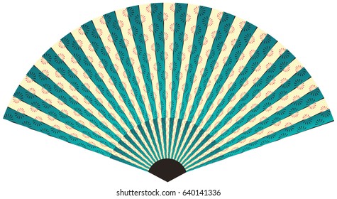 asian fan with linear flower pattern in blue shades