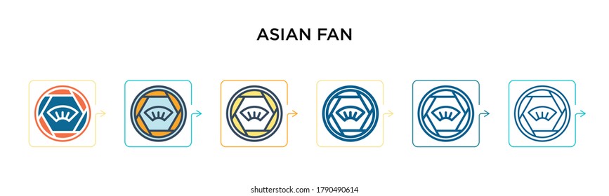 Asian fan vector icon in 6 different modern styles. Black, two colored asian fan icons designed in filled, outline, line and stroke style. Vector illustration can be used for web, mobile, ui