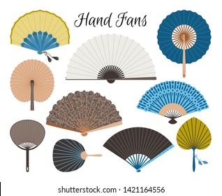 Asian fans. Colored hand traditional fan set isolated on white background, paper folding painting vector fans