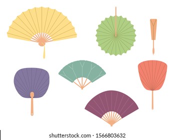 Asian fans. Colored hand traditional fan set isolated on white background. Paper folding painting vector fans