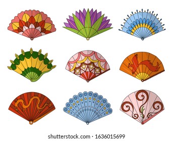 Asian fans. Colored hand traditional fan set