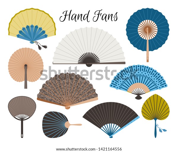 Asian\
fans. Colored hand traditional fan set isolated on white\
background, paper folding painting vector\
fans
