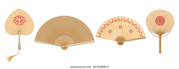 Asian fans for dances and refreshing realistic vector illustration set. Oriental culture exotic souvenirs 3d objects on white background