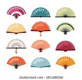 Asian fans set. Traditional oriental decoration colorful designs red orange Japanese accessories and blue green Chinese elegant folding bamboo object richly decorated. Cartoon color vector.