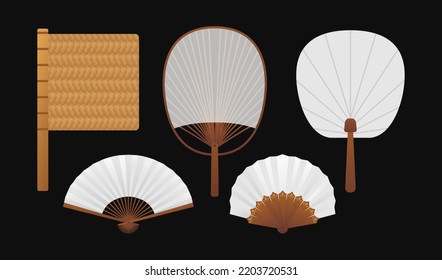 Asian fans. traditional fan set isolated on dark background. Paper folding painting vector fans, chinese ,panaese, indonesian fan 