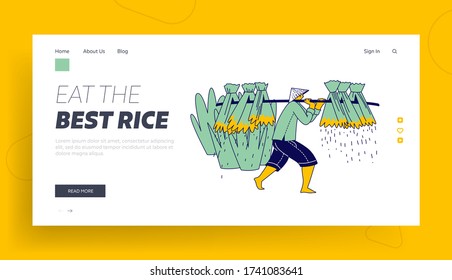 Asian Farmer Character Carry Stick with Sheaves of Rice Plants Landing Page Template. Chinese or Thailand Worker Wearing Straw Hat Collecting Rice Crop, Harvesting. Linear Vector Illustration