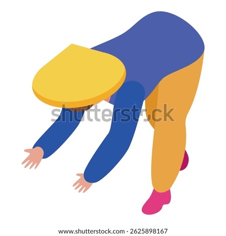 Asian farmer with conical hat bending over and working in rice paddy isometric illustration