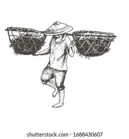 Asian Farmer in Conoid Hat Carrying Baskets with Grass on His Shoulders Vector Sketched Illustration. Hand Drawn Chinese Field Worker