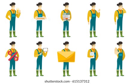 Asian farmer in coveralls holding pile of folders and papers. Full length of farmer with folders. Farmer with folders and files. Set of vector flat design illustrations isolated on white background.