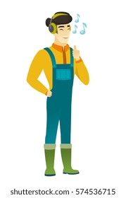 Asian farmer in coveralls listening to music in headphones. Full length of farmer with closed eyes listening to music in headphones. Vector flat design illustration isolated on white background.