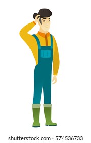 Asian farmer in coveralls scratching his head. Full length of thoughtful farmer scratching head. Puzzled farmer scratching his head. Vector flat design illustration isolated on white background.
