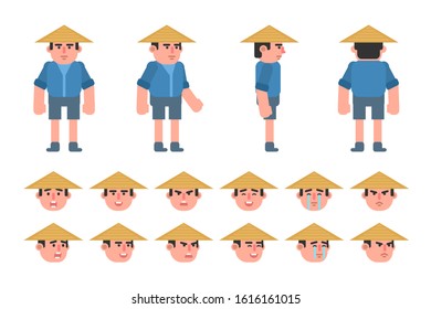 Asian farmer creation kit. Create your own pose or animation. Flat design vector illustration