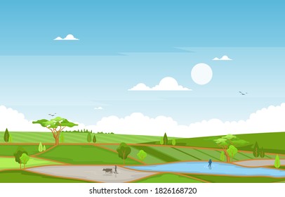 Asian Farmer Cultivating Rice Field Paddy Plantation Agriculture Illustration