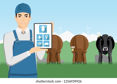 Asian farmer with digital tablet on a pasture. Internet of things in animal husbandry. Vector illustration