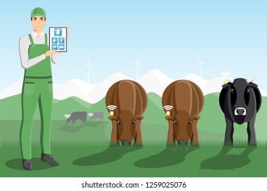 Asian farmer with digital tablet on a pasture. Digital technology in animal husbandry.  Vector illustration