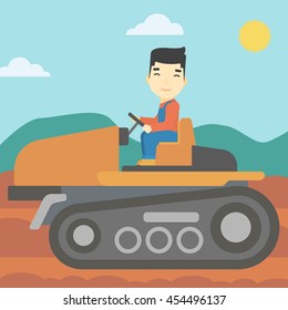 An asian farmer driving a tractor on the background of plowed agricultural field. Farmer sitting on a tractor in the countryside. Vector flat design illustration. Square layout.