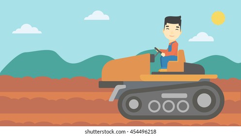 An asian farmer driving a tractor on the background of plowed agricultural field. Farmer sitting on a tractor in the countryside. Vector flat design illustration. Horizontal layout.