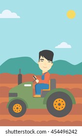 An asian farmer driving a tractor on the background of plowed agricultural field. Farmer sitting on a tractor in the countryside. Vector flat design illustration. Vertical layout.