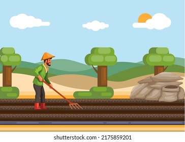 Asian farmer drying coffee beans, traditional coffee bean making process cartoon illustration vector