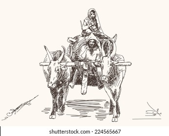 Asian farmer family riding ox cart sketch Hand drawn illustration