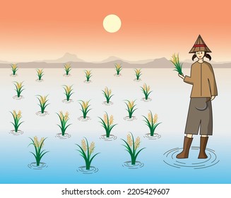 Asian farmer female  harvest on agriculture field with a sickle and holding sheaf of wheat ears in hand.  Vector illustration of a lady cropping paddy.
