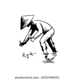 Asian farmer in rice field. Hand-drawn black and white sketch. Vector illustration.