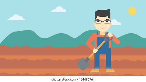 An asian farmer with shovel on the background of plowed agricultural field. Friendly farmer with spade in field. Vector flat design illustration. Horizontal layout.