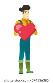 Asian farmer showing a big red heart. Full length of young farmer with heart shape. Happy farmer in coveralls holding a big red heart. Vector flat design illustration isolated on white background.
