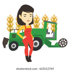 Asian farmer standing on the background of combine harvester working in wheat field. Young farmer and combine harvester harvesting wheat. Vector flat design illustration isolated on white background.