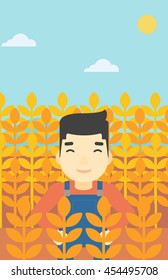 An asian farmer standing in a wheat field. Young farmer working in a weat field. Vector flat design illustration. Vertical layout.