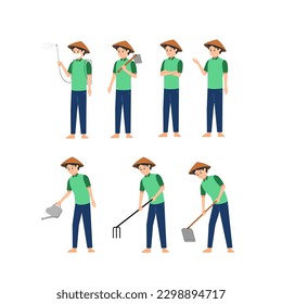 Asian Farmer in Straw Cone Hat Working in Field, Farmer Character various poses