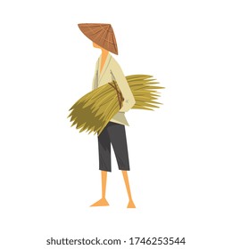 Asian Farmer in Straw Conical Hat Carrying Bundle of Rice Ears Cartoon Style Vector Illustration on White Background