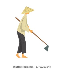 Granjero asiático con sombrero cónico de paja trabajando con vectores de estilo de caricatura de casa Ilustración sobre fondo blanco