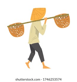 Asian Farmer in Straw Conical Hat Carrying Long Pole with Wicker Baskets on his Shoulders Cartoon Style Vector Illustration on White Background