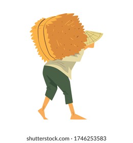 Asian Farmer in Straw Conical Hat Carrying Hay on His Back, Cartoon Style Vector Illustration on White Background