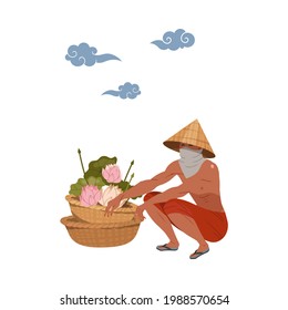 Asian Farmer in Straw Conical Hat Sitting Near Wicker Basket with Lotus Flowers Vector Illustration